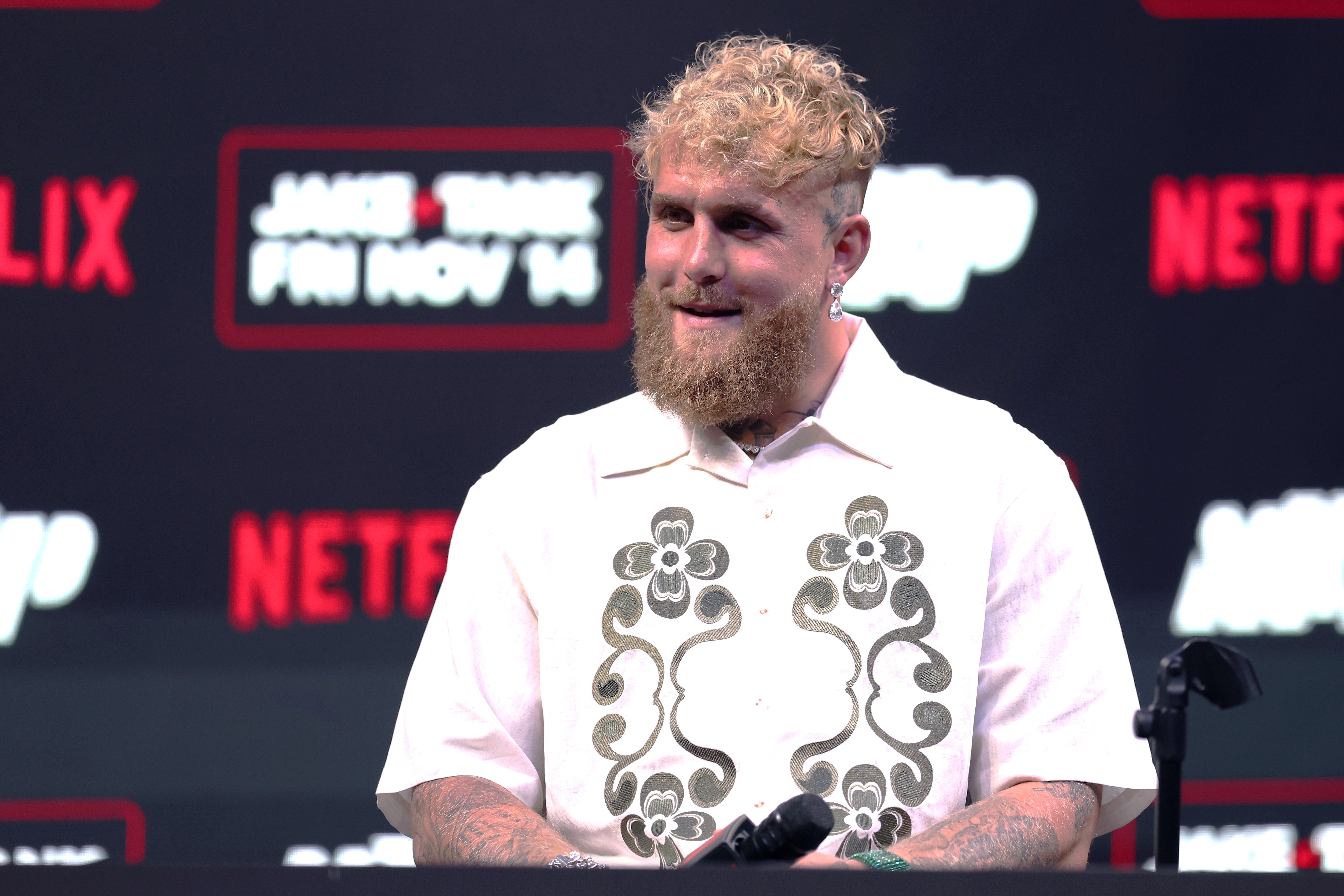 MIAMI, FLORIDA - SEPTEMBER 23: Jake Paul looks on during a press conference at Kaseya Center on September 23, 2025 in Miami, Florida. (Photo by Megan Briggs/Getty Images for Netflix)