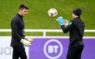 England goalkeepers Nick Pope and Jordan Pickford during training