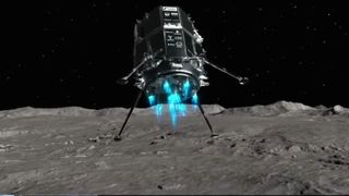 A Japanese ispace moon lander fires its thrusters in a simulation of its moon landing.