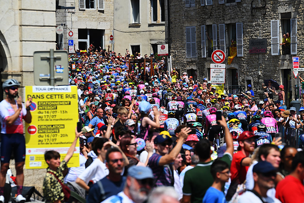 DOLE, FRANCE - JULY 17: A general view of the peloton prior to the 113th Tour de France 2026, Stage 13 a 205.8km stage from Dole to Belfort / #UCIWT / on July 17, 2026 in Dole, France. (Photo by Tim de Waele/Getty Images)