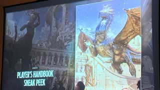 A slide show with an illustration of a dragon amidst a celebration, with the words 'Player's Handbook sneak peek' to one side