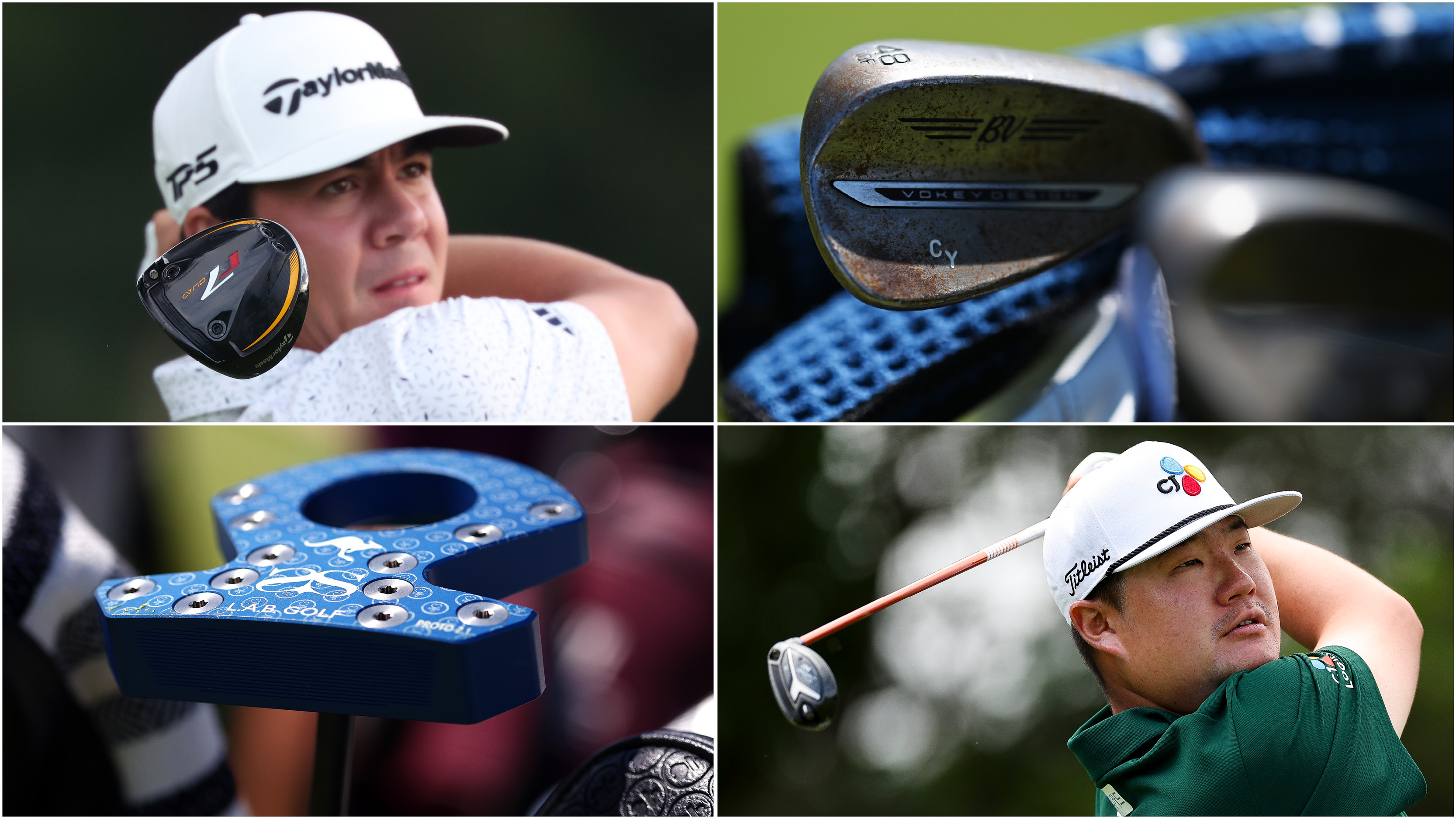 Michael Thorbjornsen and Sungjae Im hit shots, with close ups of golf clubs