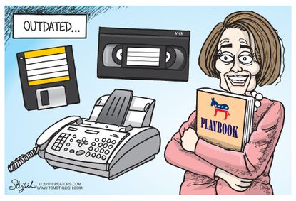 Political cartoon U.S. Democrats Nancy Pelosi tapes playbook outdated
