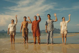 Morgana O'Reilly, Arnas Fedaravičius, Christian Friedel, Dom Hetrakul, Lalisa Manobal as the white lotus thailand hotel staff waving to guests