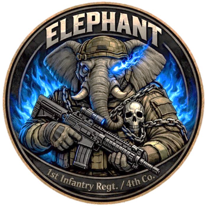 SDF logo featuring an elephant with a gun