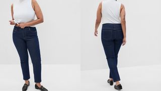composite of model wearing gap mid rise vintage skinny jeans in dark blue
