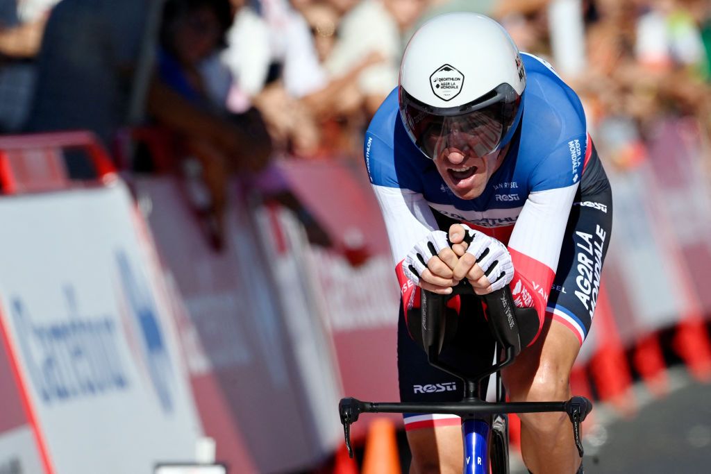 Team Decathlon-AG2R La Mondiale's Bruno Armirail competes in the stage 1 of La Vuelta a Espana cycling tour, a 12 km time-trial race from Lisbon to Oeiras, on August 17, 2024. (Photo by MIGUEL RIOPA / AFP)