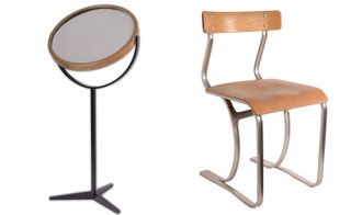 Wooden chair and mirror on metal stand