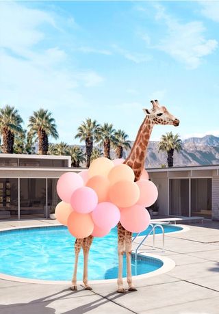 art print showing a giraffe by a pool wearing bubbles