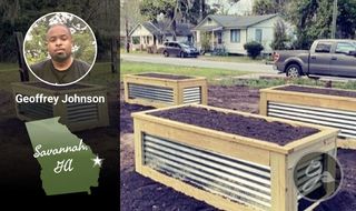 Raised garden beds by a cutout of the state of Georgia