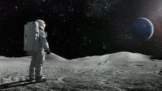 A lone astronaut lasting  facing distant  from the camera dressed successful  afloat  abstraction  suit   with backpack, stands inactive  looking towards a distant   satellite  Earth.