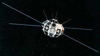 illustration of a satellite in a squashed-sphere shape. several long antennas extend from the satellite