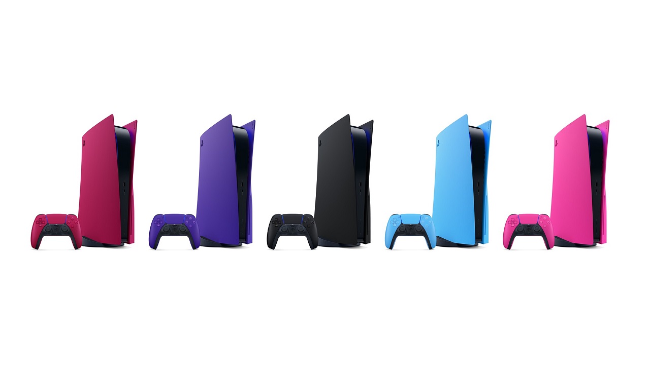 Rangkaian lengkap konsol PS5 mencakup warna merah, ungu, hitam, biru, dan merah muda
