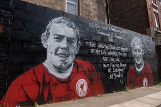 A mural depicting Liverpool legends Ian St John and Roger Hunt outside Anfield, pictured in May 2023.