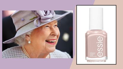 image of queen smiling on a lilac background next to essie ballet slipper nail polish on a beige background