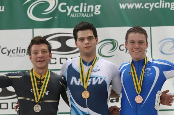 The podium for the men's under 19 keirin final: Luke Zaccaria (silver), Timothy McMillan (gold), and Luke Parker (bronze).