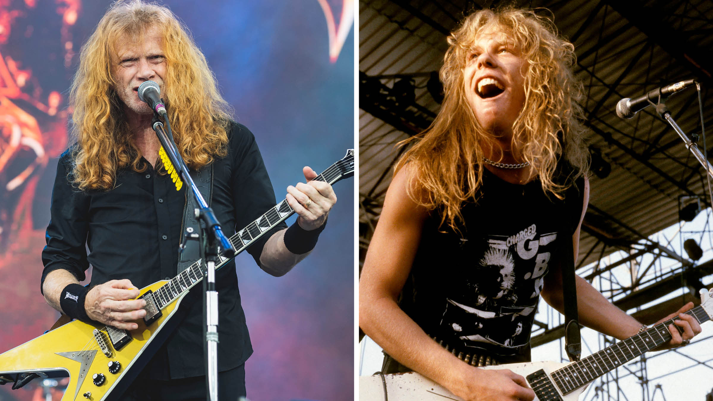 Dave Mustaine of Megadeth [left] plays his signature Gibson Flying V live. On the right, an archive pic of Metallica frontman James Hetfield playing his white V copy, in his element circa 1984
