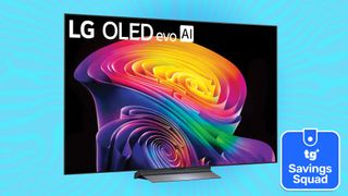 The LG C6 OLED on a blue background with the TG Savings Squad logo in the bottom-right corner.
