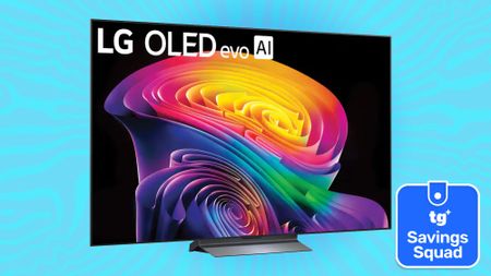The LG C6 OLED on a blue background with the TG Savings Squad logo in the bottom-right corner.