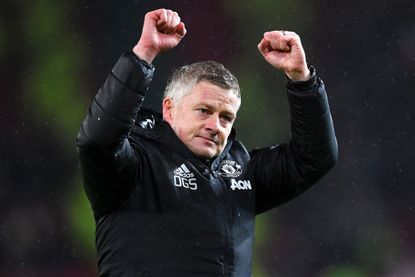 Man United boss Ole Gunnar Solskjaer celebrates after beating City 