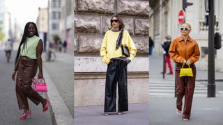 street style showing how to style leather pants with color