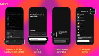 Four phones show the steps for how to create a Spotify AI Playlist in the mobile app