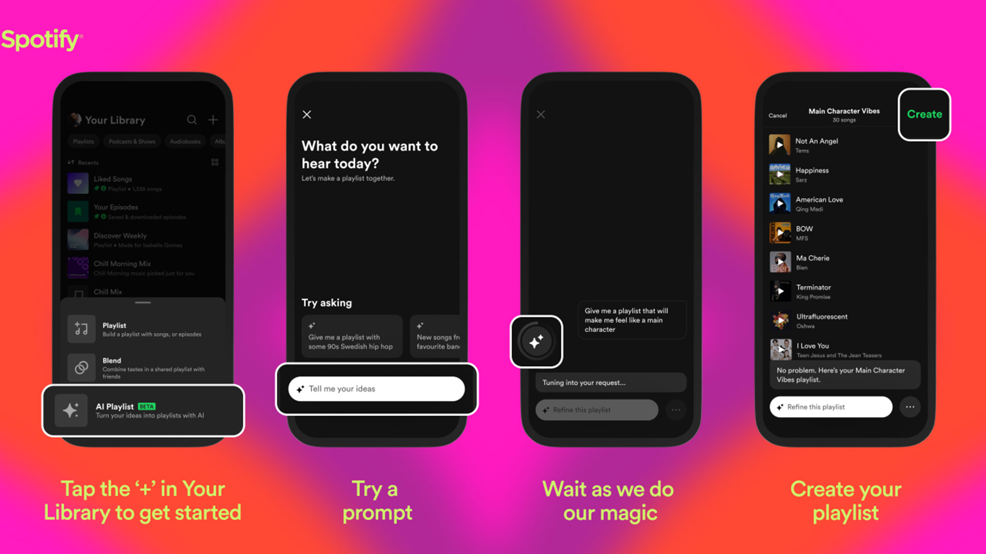 Four phones show the steps for how to create a Spotify AI Playlist in the mobile app