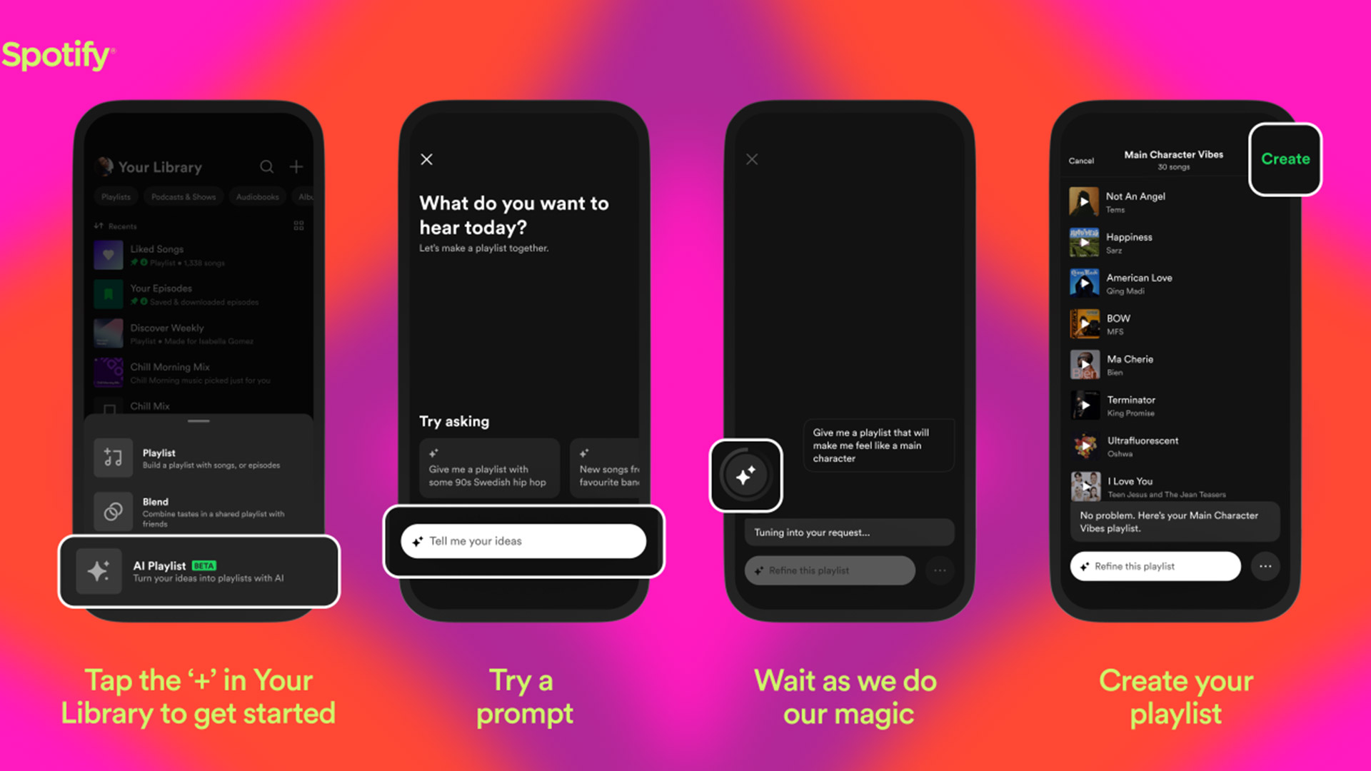  На четырех телефонах показаны шаги по созданию списка воспроизведения Spotify AI в мобильном приложении