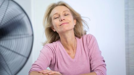 A woman cooling herself in front of a fan.