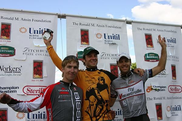 The pro men's general classification podium (l-r): Tom Zirbel, Zach Bell and Charles Dionne.