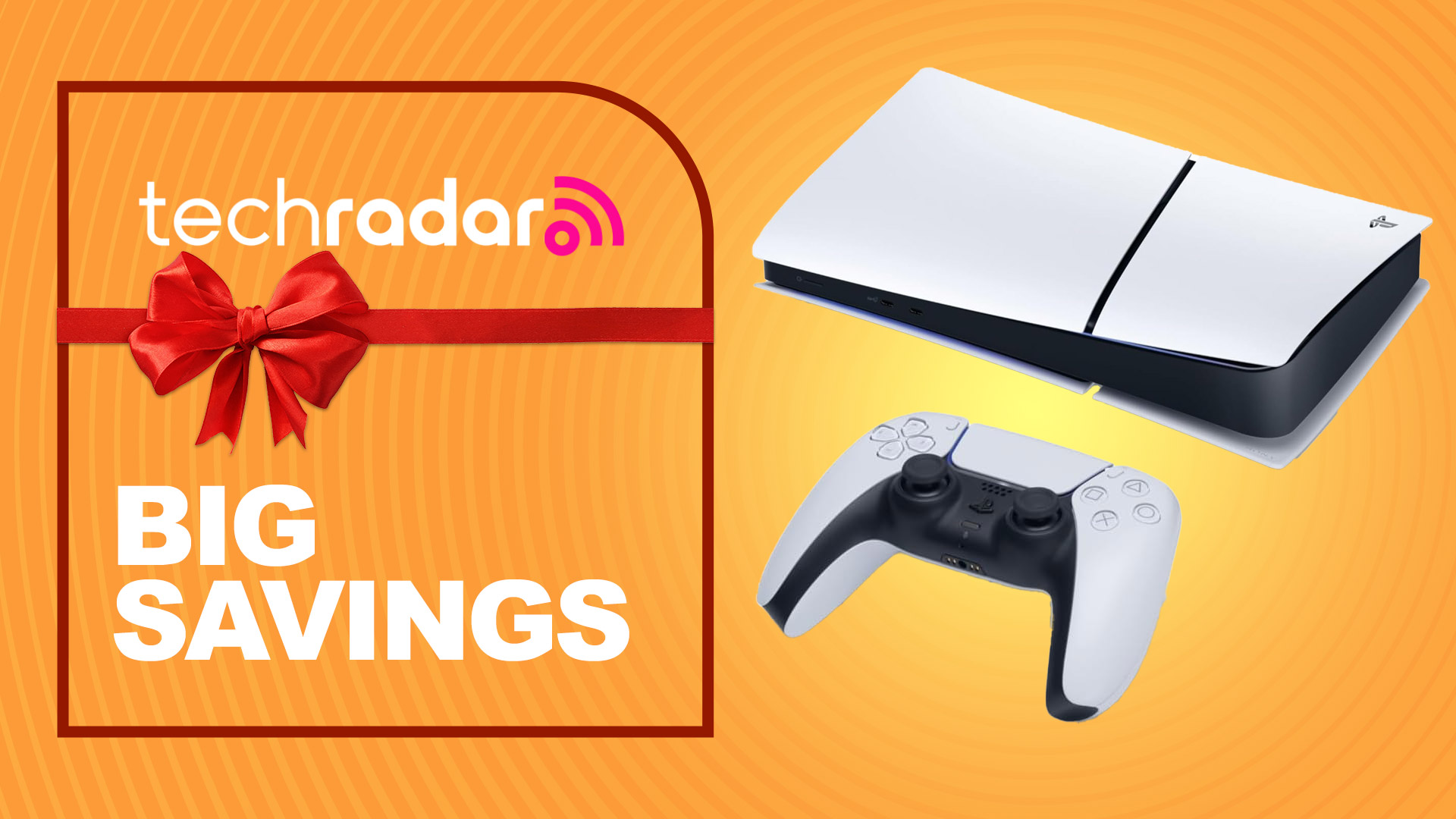 PS5 Slim digital on an orange background with "Big Savings" text