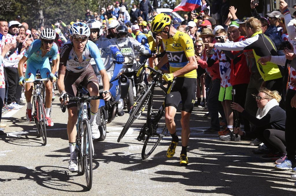 Romain Bardet (AG2R-La Mondiale) rides past Chris Froome after the yellow jersey motorbike accident