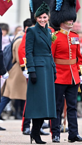 Catherine, Princess of Wales smiles during the 2025 Irish Guard's St. Patrick's Day Parade at Wellington Barracks on March 17, 2025