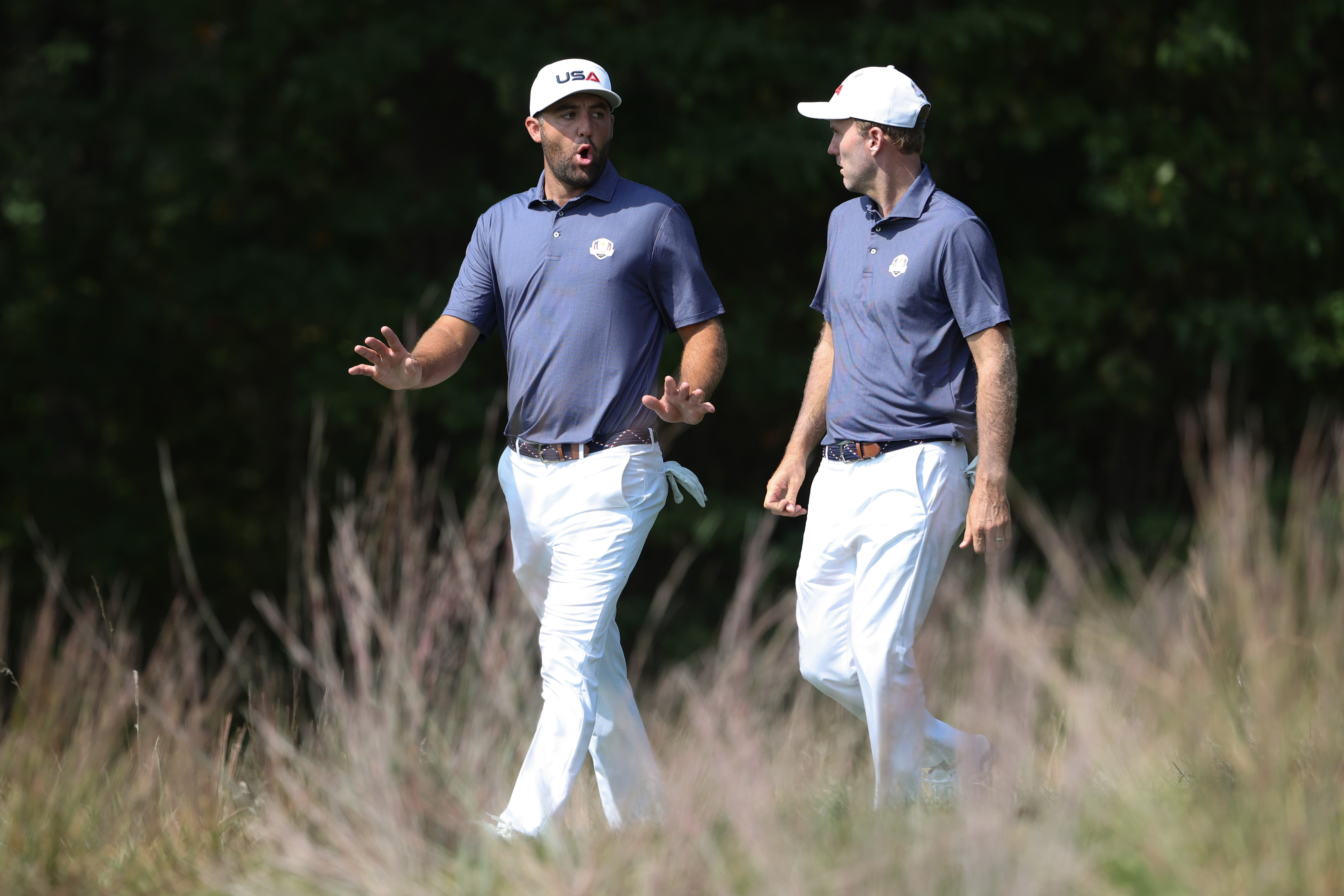 Scottie Scheffler and Russell Henley practice together prior to the 2025 Ryder Cup at Bethpage Black in New York