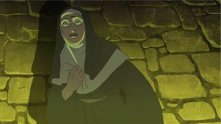 A cartoon nun looks shocked and scared, bathed in green light.