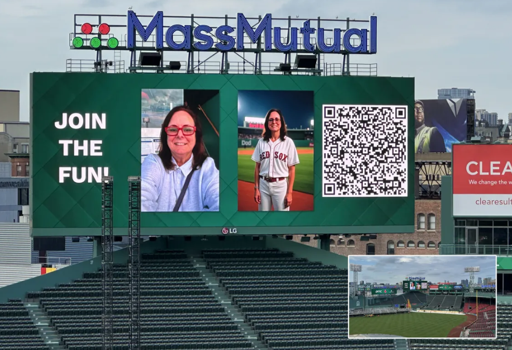 AV Technology's Cindy Davis made it onto the centerfield videoboard at Fenway Park, which measures 100 feet wide by 38 feet high.