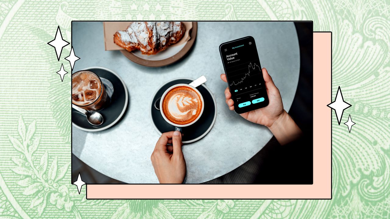 A photo of a hand holding a cup of latte while the other hand checks investments from a smartphone.