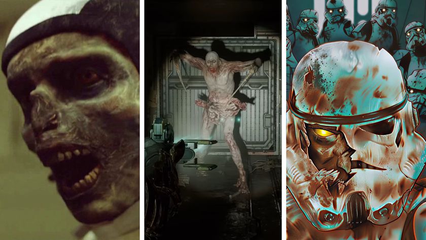 Split image showing space zombies from three sci-fi franchises: the movie The Last Days on Mars, the game Dead Space (Remake), and the book Death troopers.