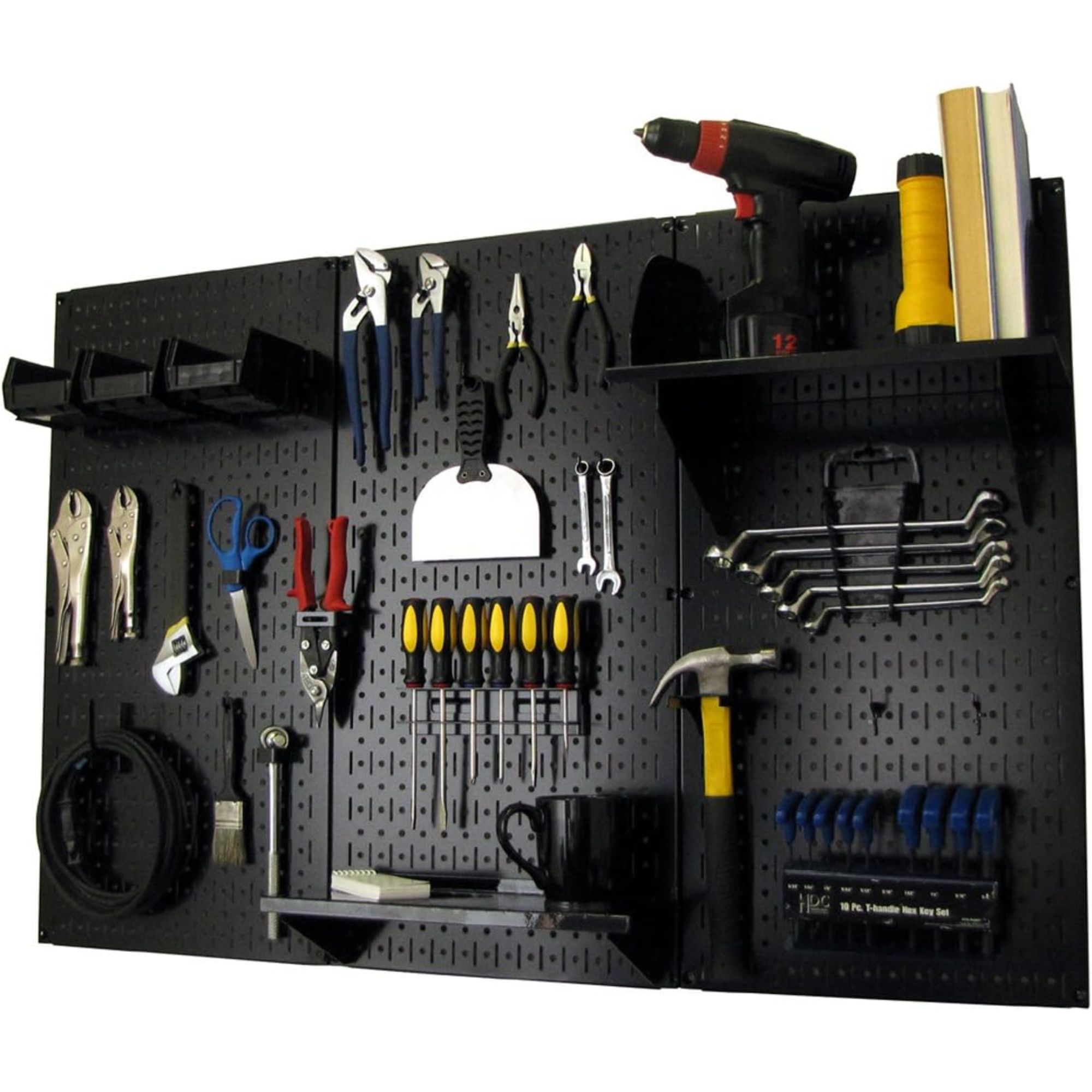 A black wall-mounted pegboard organizer with various tools