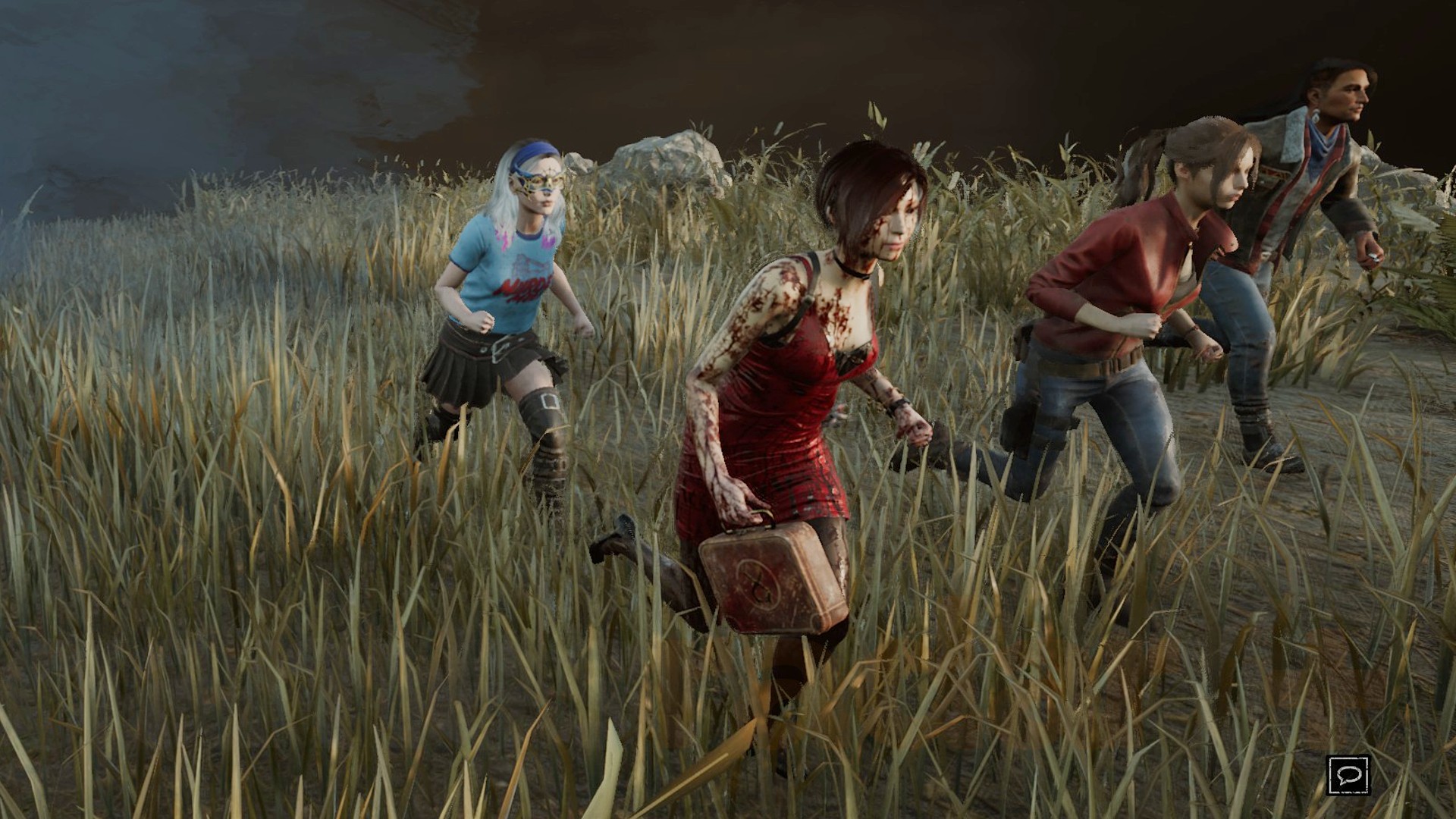 Four survivors run for freedom from The Entity in Dead by Daylight.