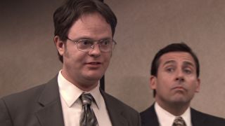 Dwight speaking to the staff in The Office