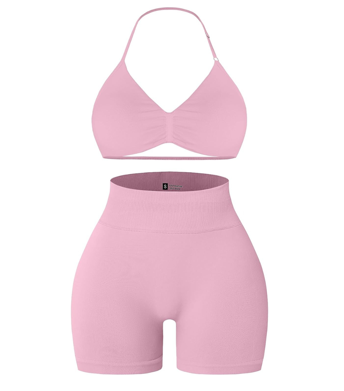 Comper, Halter Strappy Sports Bra With Seamless Ribbed Gym Yoga Shorts