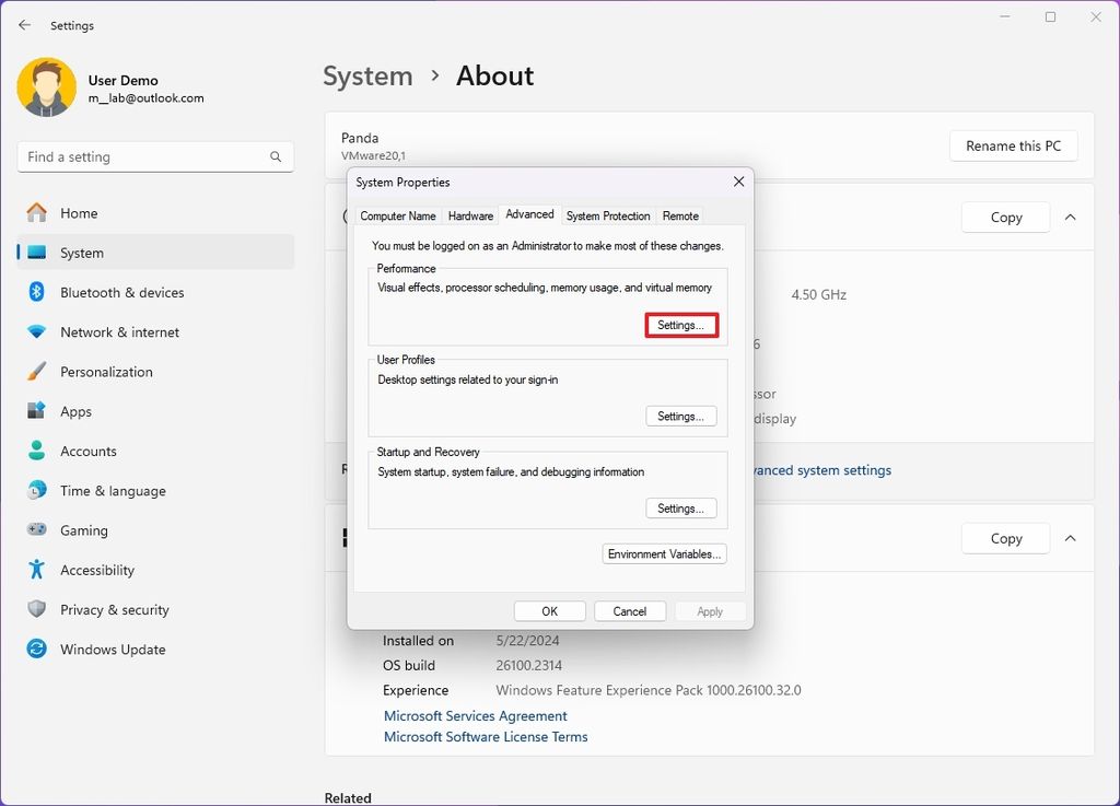 System Properties Performance settings