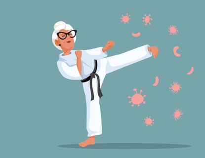 Drawing of a woman with white hair in a bun and thick glasses dressed as a karate black belt. She is smiling and kicking away shapes that evoke infectious diseases like measles.