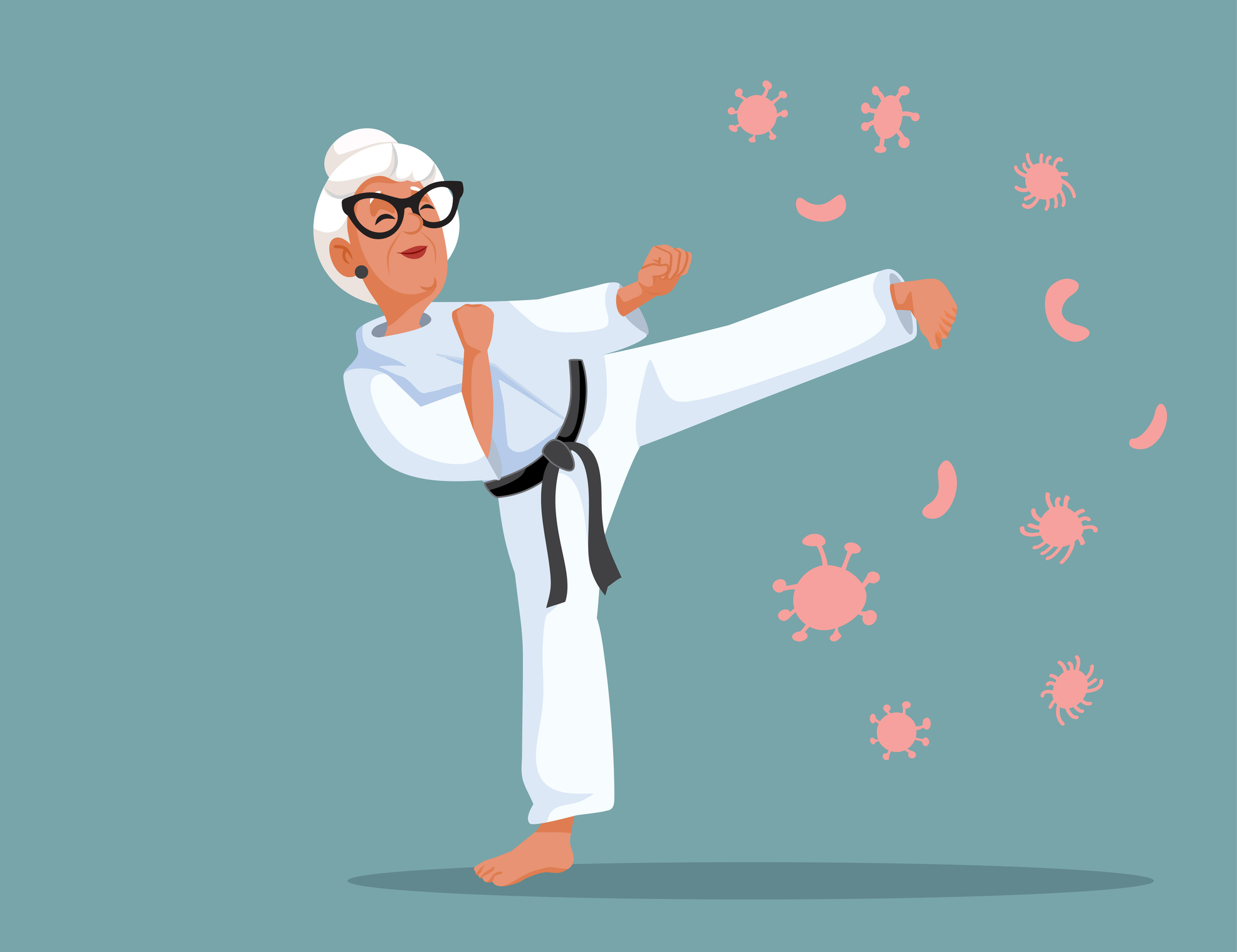 Drawing of a woman with white hair in a bun and thick glasses dressed as a karate black belt. She is smiling and kicking away shapes that evoke infectious diseases like measles.