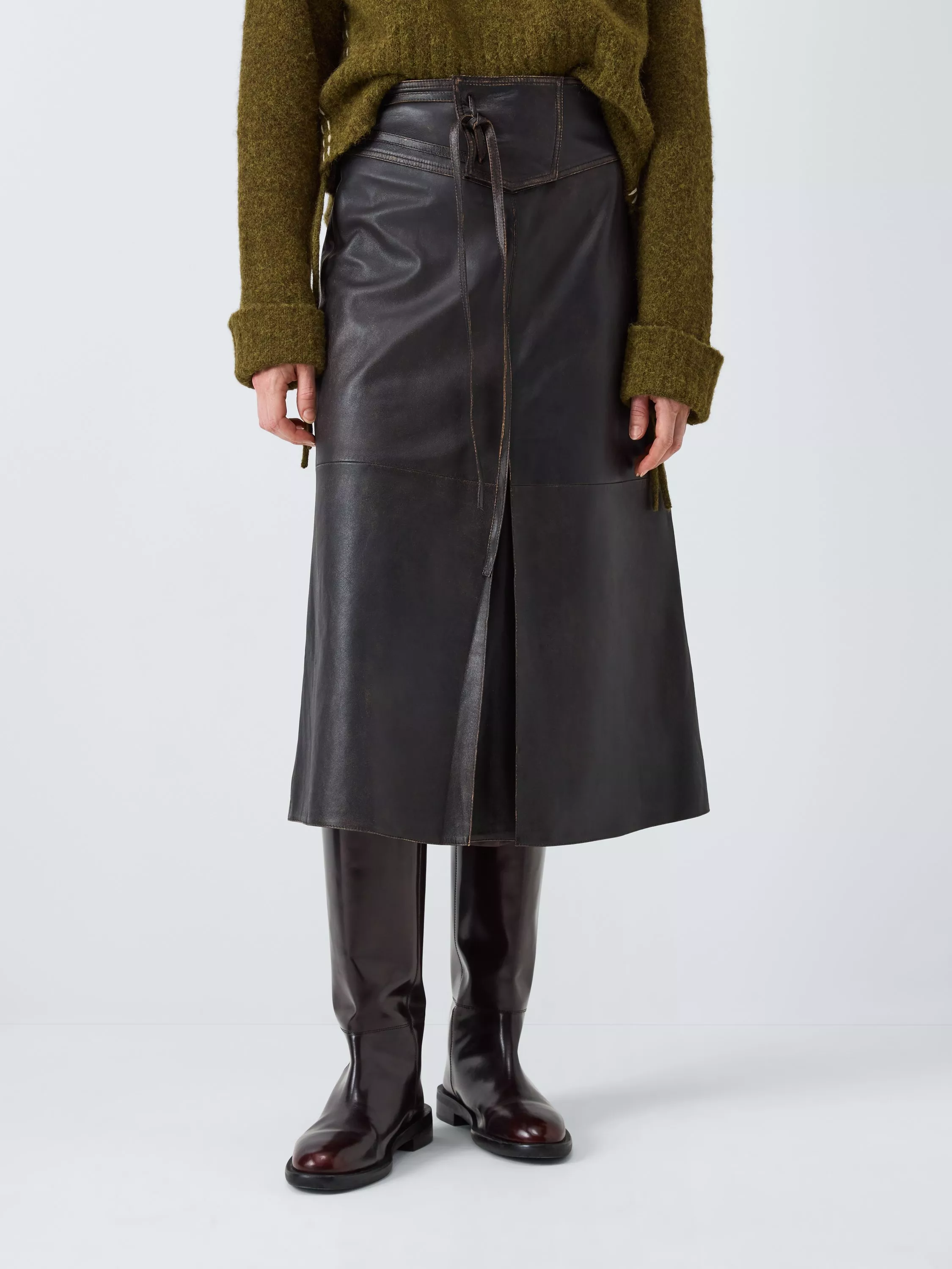 John Lewis X Rejina Pyo Authentic Wash Leather Tie Front Leather Midi Skirt, Brown