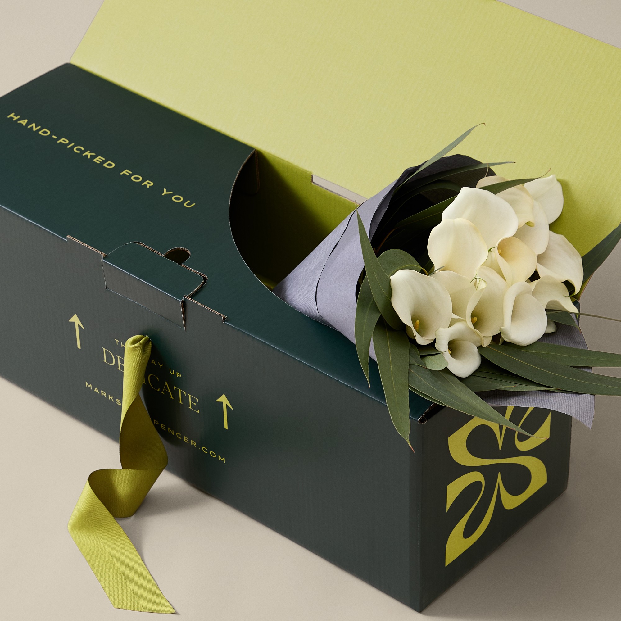 Kelly Hoppen x Marks & Spencer calla lily bouquet in a green branded box