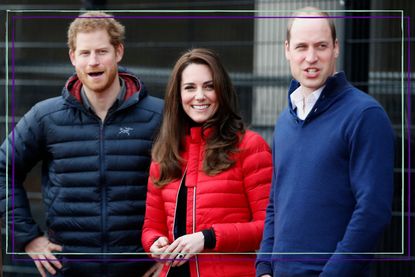 Prince Harry, Kate Middleton and Prince William stand together, with Kate smiling as they as they attend a training event to promote the charity Heads Together, at the Queen Elizabeth Olympic Park in London, on February 5, 2017. 