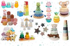 collage showing the best stacking and nesting toys for babies and toddlers