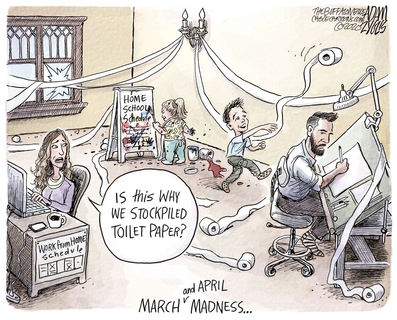 Editorial Cartoon U.S. work from home school March and April madness toilet paper